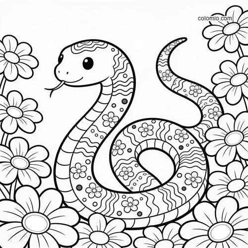 A cute smiling snake with floral and wavy patterns coils among large spring flowers in a simple black-and-white design.