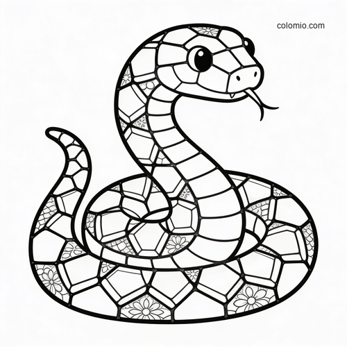 A coiled snake drawn in a stained glass mosaic style with bold black outlines, large eye, and simple segmented body.