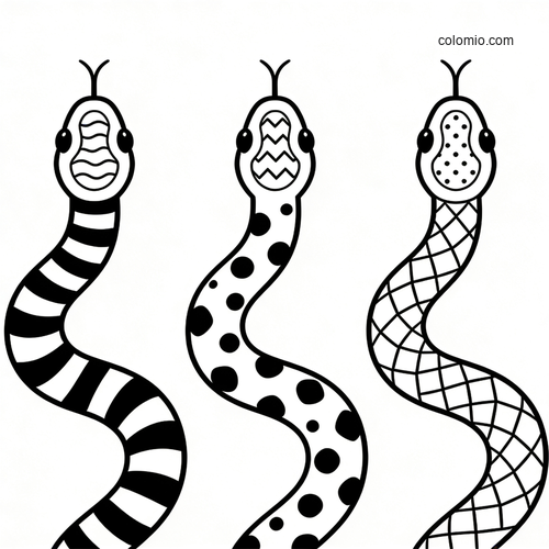 Black-and-white coloring page showing three upright snakes, each with a different body pattern: stripes, spots, and crisscross lines.