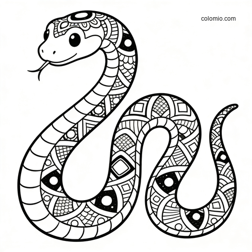 A smiling snake with a long coiled body filled with zentangle patterns and bold black outlines on a white background.