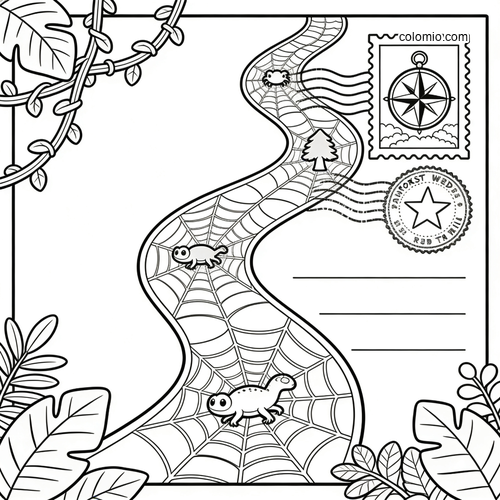 Zwart-witte ansichtkaartscène met een kronkelend spinnenweb, kleine spinnen, bladeren, postzegel en poststempel. Zwart-witte ansichtkaartscène met een kronkelend spinnenweb, kleine spinnen, bladeren, postzegel en poststempel.