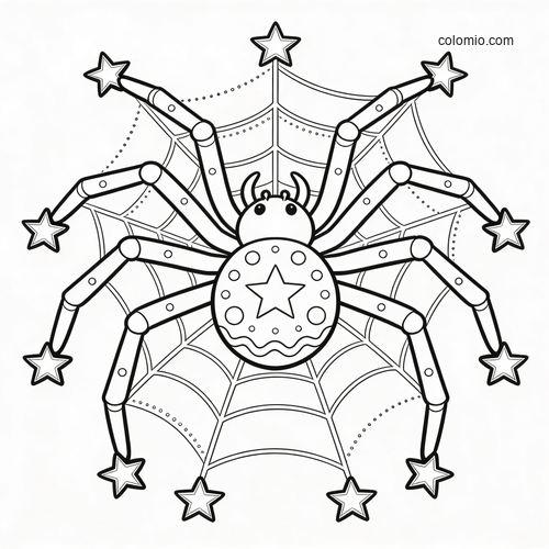 Een fantasieachtige hemelse spin met een ster op het lijf en stervormige pootpunten, midden op een spinnenweb in zwarte lijntekening. Een fantasieachtige hemelse spin met een ster op het lijf en stervormige pootpunten, midden op een spinnenweb in zwarte lijntekening.