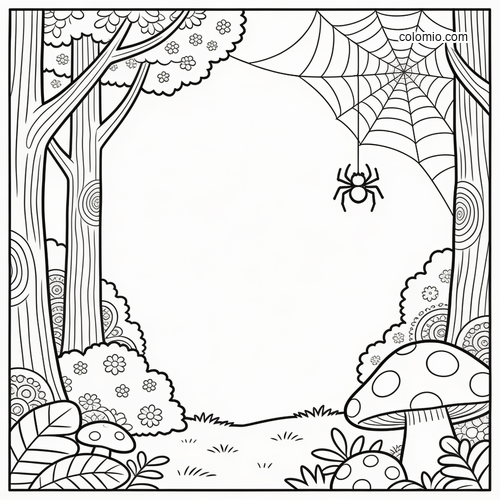 Zwart-wit boslandschap met hoge bomen, struiken en paddenstoelen, met een wielwebspin aan een groot web in de hoek. Zwart-wit boslandschap met hoge bomen, struiken en paddenstoelen, met een wielwebspin aan een groot web in de hoek.