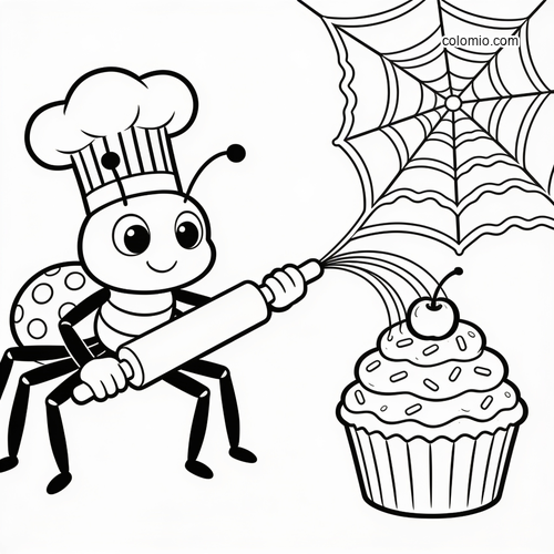 Een cartoon bakkerspin met koksmuts houdt een deegroller vast en spint een web naast een cupcake met glazuur en kers. Een cartoon bakkerspin met koksmuts houdt een deegroller vast en spint een web naast een cupcake met glazuur en kers.