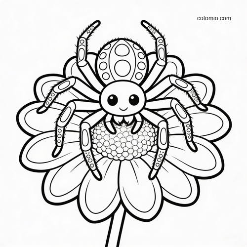 Een cartoonachtige tuinspin met grote ogen zit op een grote bloem in een eenvoudige zwart-witomtrek. Een cartoonachtige tuinspin met grote ogen zit op een grote bloem in een eenvoudige zwart-witomtrek.