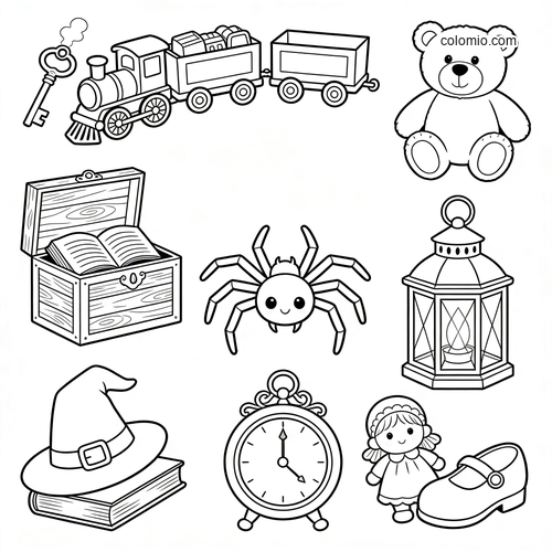 Zwart-witte kleurplaat van een zolderscène met een spin, speelgoedtrein, teddybeer, kist, lantaarn, klok, pop, schoen en sleutel. Zwart-witte kleurplaat van een zolderscène met een spin, speelgoedtrein, teddybeer, kist, lantaarn, klok, pop, schoen en sleutel.