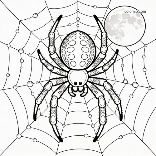 Een grote wielwebspin zit midden op een met dauwdruppels bedekt web, met een volle maan op de achtergrond. Een grote wielwebspin zit midden op een met dauwdruppels bedekt web, met een volle maan op de achtergrond.