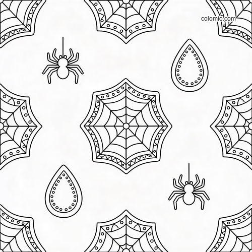 Zwart-wit herhaalpatroon met geometrische spinnenwebben, kleine spinnen en druppelvormige details. Zwart-wit herhaalpatroon met geometrische spinnenwebben, kleine spinnen en druppelvormige details.