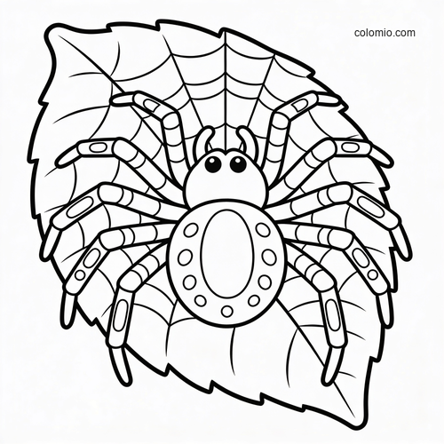Een eenvoudige cartoonspin met grote ogen zit op een blad, met een spinnenwebpatroon erachter in dikke zwarte lijnen. Een eenvoudige cartoonspin met grote ogen zit op een blad, met een spinnenwebpatroon erachter in dikke zwarte lijnen.