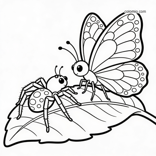Een eenvoudige zwart-witte kleurplaat met een spin en een vlinder die tegenover elkaar op een groot blad staan. Een eenvoudige zwart-witte kleurplaat met een spin en een vlinder die tegenover elkaar op een groot blad staan.