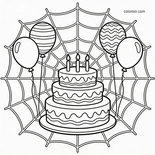 Een eenvoudige verjaardagskleurplaat met een groot spinnenweb, een taart met drie lagen, drie kaarsjes en vier ballonnen. Een eenvoudige verjaardagskleurplaat met een groot spinnenweb, een taart met drie lagen, drie kaarsjes en vier ballonnen.
