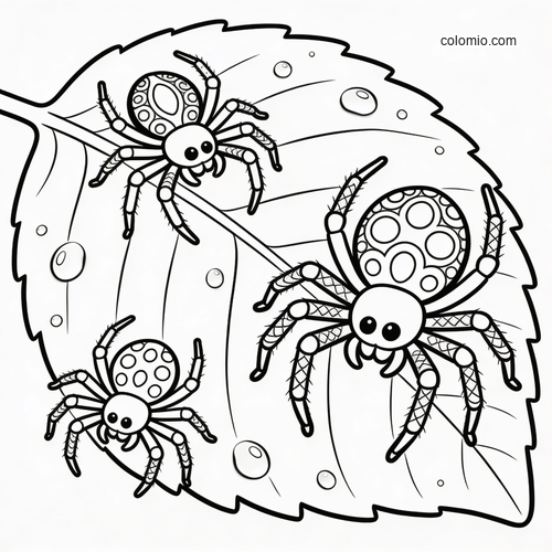 Drie cartoonspinnen met patronen op hun achterlijf zitten op een groot blad in een eenvoudige zwart-witte lijntekening. Drie cartoonspinnen met patronen op hun achterlijf zitten op een groot blad in een eenvoudige zwart-witte lijntekening.