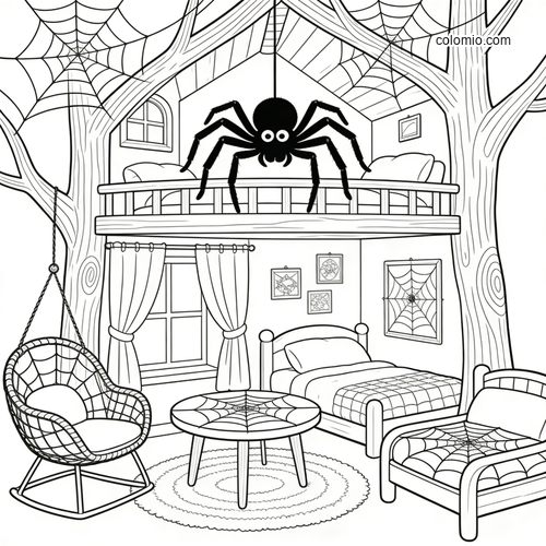 Zwart-witte kleurplaat van een spin in een knusse boomhut-slaapkamer met spinnenwebben, een hoogslaper, stoel en tafel. Zwart-witte kleurplaat van een spin in een knusse boomhut-slaapkamer met spinnenwebben, een hoogslaper, stoel en tafel.