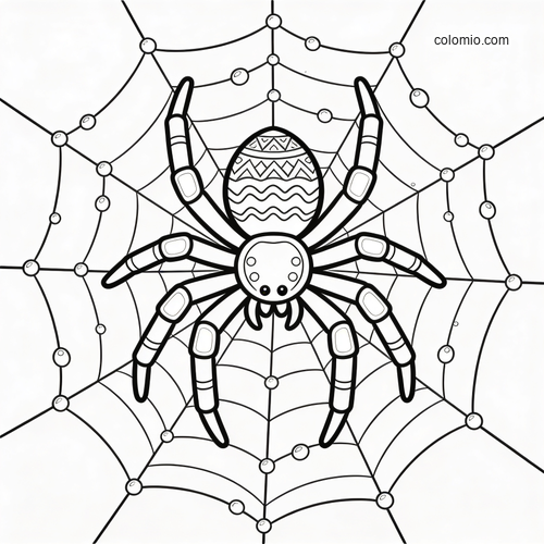 Een grote spin met patroon zit in het midden van een spinnenweb met dauwdruppels, getekend in zwart-wit. Een grote spin met patroon zit in het midden van een spinnenweb met dauwdruppels, getekend in zwart-wit.