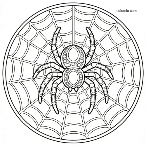 Een gedetailleerde spin staat in het midden van een cirkelvormig spinnenweb, getekend met strakke zwarte lijnen. Een gedetailleerde spin staat in het midden van een cirkelvormig spinnenweb, getekend met strakke zwarte lijnen.