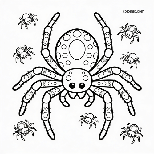 Een zwart-witte kleurplaat van een grote cartoonspin met versierde poten, omringd door meerdere kleine spinnetjes. Een zwart-witte kleurplaat van een grote cartoonspin met versierde poten, omringd door meerdere kleine spinnetjes.