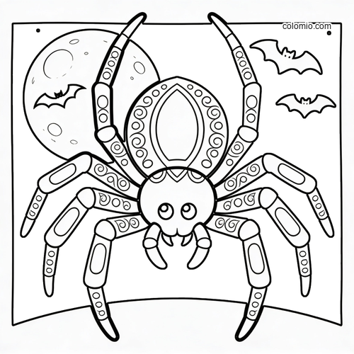 Een cartoonspin met versierde poten staat in een eenvoudige Halloween-nachtscène onder een volle maan met vliegende vleermuizen. Een cartoonspin met versierde poten staat in een eenvoudige Halloween-nachtscène onder een volle maan met vliegende vleermuizen.