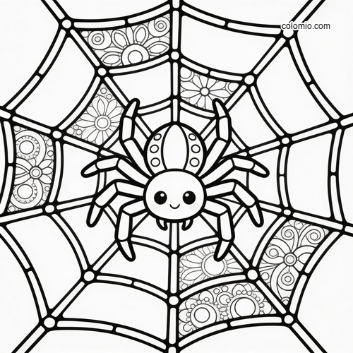 Een glimlachende spin zit in het midden van een spinnenweb in glas-in-loodstijl met mozaïekvlakken en bloemmotieven. Een glimlachende spin zit in het midden van een spinnenweb in glas-in-loodstijl met mozaïekvlakken en bloemmotieven.