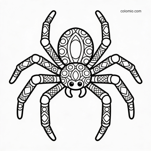 Zwart-witte zentangle spin van bovenaf, met poten vol patronen en decoratieve details op het lichaam. Zwart-witte zentangle spin van bovenaf, met poten vol patronen en decoratieve details op het lichaam.