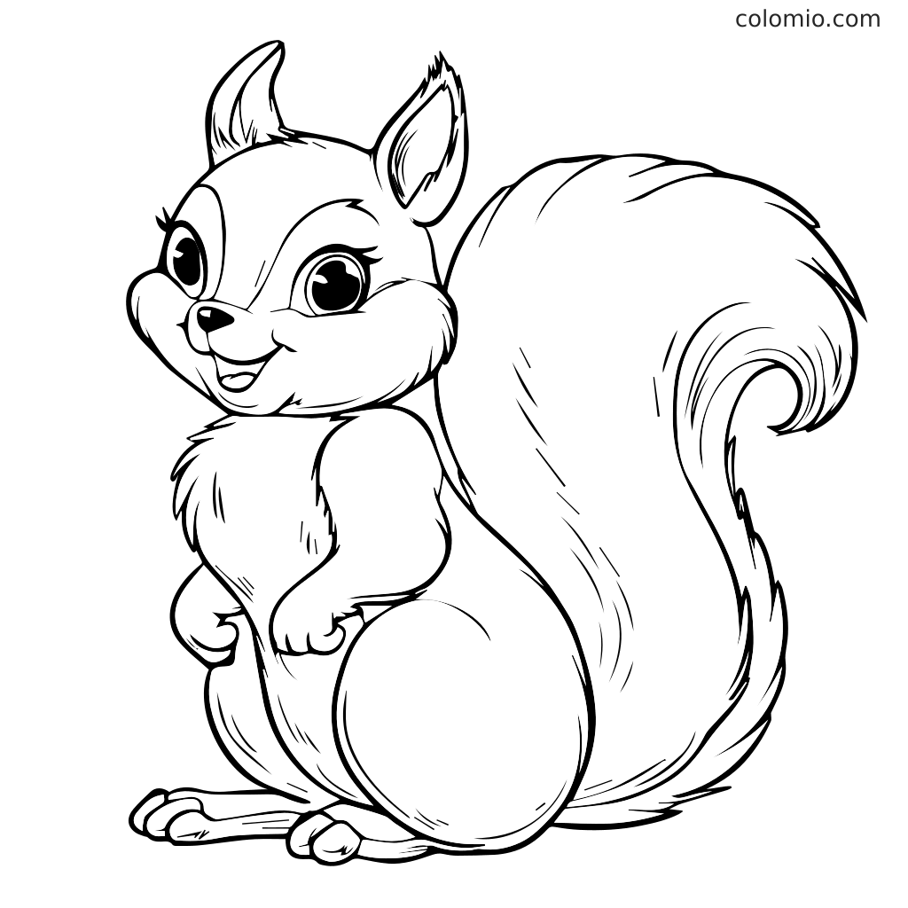 A cheerful cartoon squirrel with big eyes and a fluffy tail, perfect for coloring.