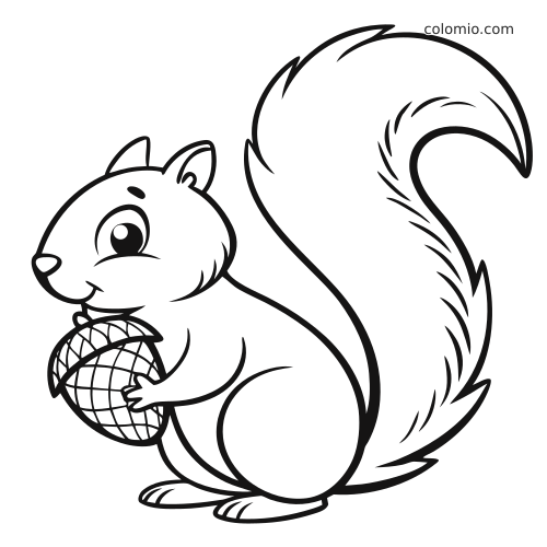Czarno-biały rysunek wiewiórki z dużym puszystym ogonem, trzymającej w łapkach duży żołądź.