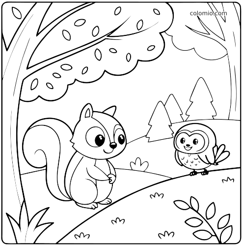 Kolorowanka przedstawia wiewiórkę i uśmiechniętą sowę na leśnej polanie, z drzewami i pagórkami w tle.