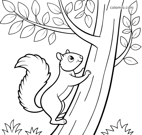 Rysunkowa wiewiórka z puszystym ogonem wspina się po pniu drzewa, wśród gałęzi i liści.