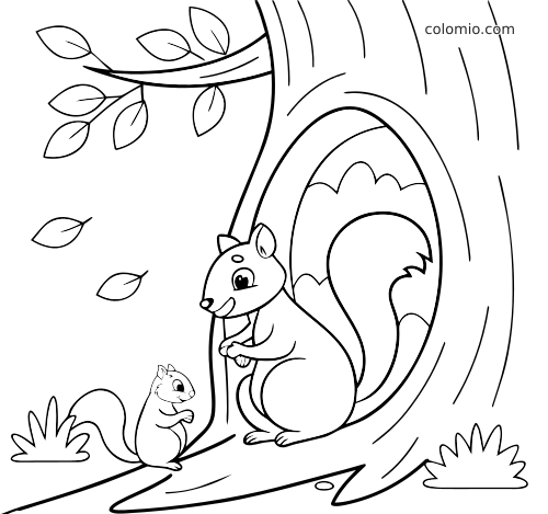 Duża i mała wiewiórka siedzą przy dziupli w pniu drzewa, wokół widać liście i kępki trawy.