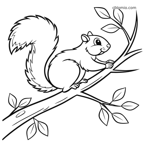 Rysunkowa wiewiórka z puszystym ogonem siedzi w skoku na gałęzi, wokół widać kilka liści i cienkie gałązki.