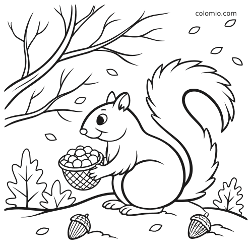 Rysunkowa wiewiórka siedzi pod nagimi gałęziami i trzyma koszyk pełen żołędzi, a wokół leżą liście i żołędzie.