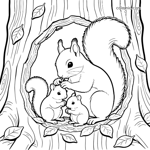 Szczegółowy rysunek rodziny wiewiórek w dziupli drzewa: dorosła wiewiórka i dwa młode, otoczone korą i liśćmi.