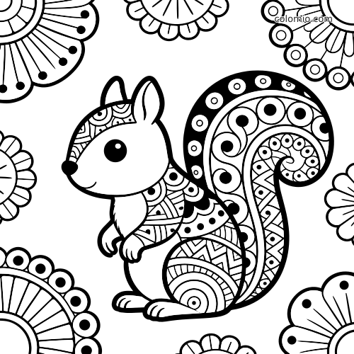 Wiewiórka w prostym stylu zentangle z wzorzystym ogonem i tułowiem, otoczona dużymi kwiatowymi motywami.