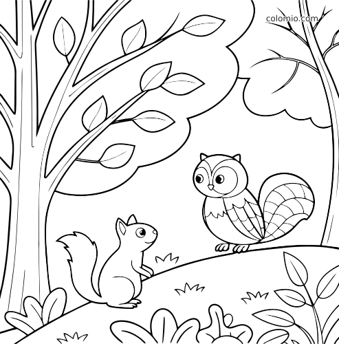 Prosta leśna kolorowanka przedstawiająca małą wiewiórkę zwróconą w stronę sowy na pagórku pod dużymi drzewami.