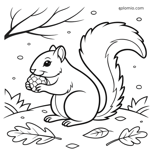 Prosta rysunkowa wiewiórka siedzi na ziemi i trzyma szyszkę, a wokół widać gałąź oraz opadłe liście.