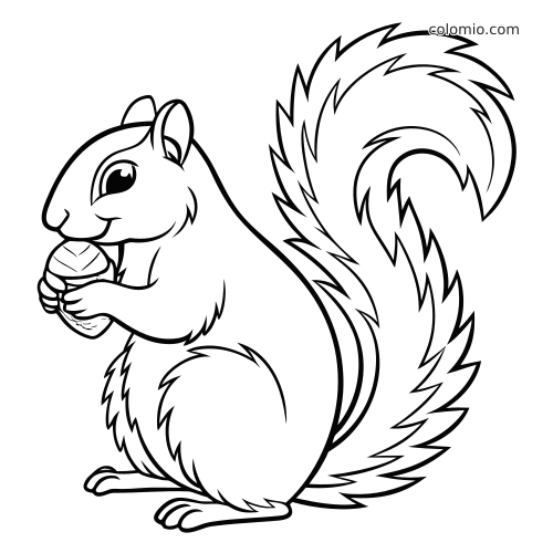 Zbliżenie rysunkowej wiewiórki z puszystym ogonem, siedzącej i trzymającej żołądź w łapkach.