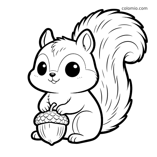 Wiewiórka w stylu kawaii z dużymi oczami i puszystym ogonem siedzi, trzymając duży żołądź w łapkach.