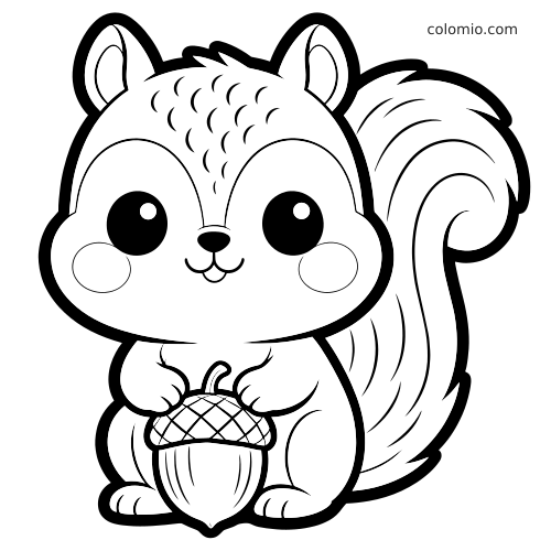 Wiewiórka w stylu kawaii z dużymi oczami i puszystym ogonem siedzi, trzymając duży żołądź w prostym czarnym konturze.