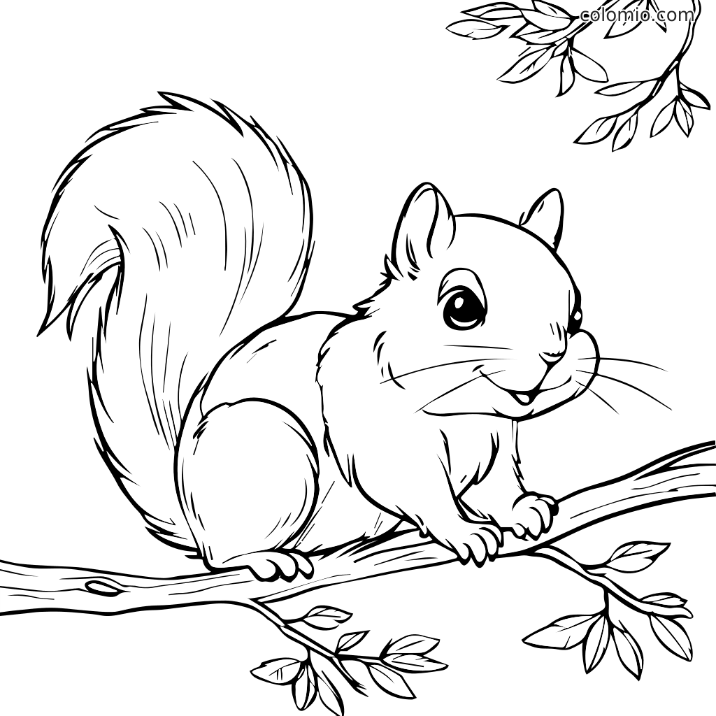 Leikkisä orava istuu oksalla, valmis väritettäväksi lapsilta.