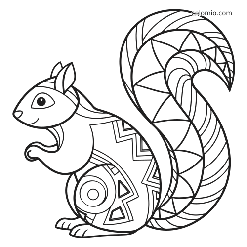 Czarno-biała wiewiórka w stylu zentangle siedzi bokiem i ma duży, wzorzysty ogon oraz geometryczne detale na ciele.