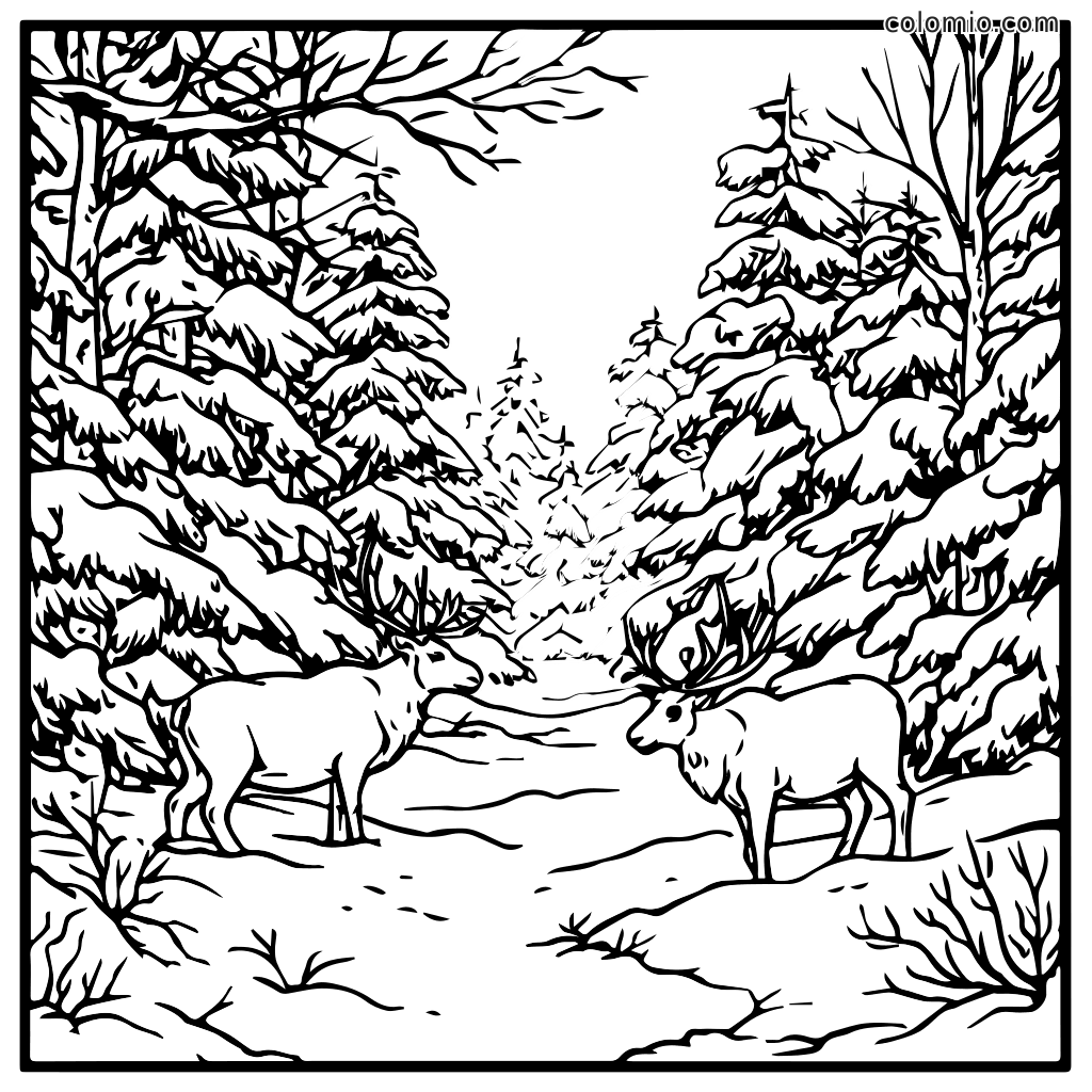 Una pagina da colorare dettagliata con due renne in una foresta innevata circondata da alti alberi.