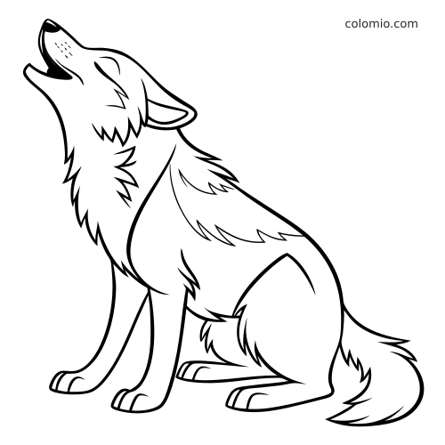 Zwart-witte lijntekening van een wolvenwelpje in zijaanzicht, zittend met opgeheven kop terwijl het huilt.