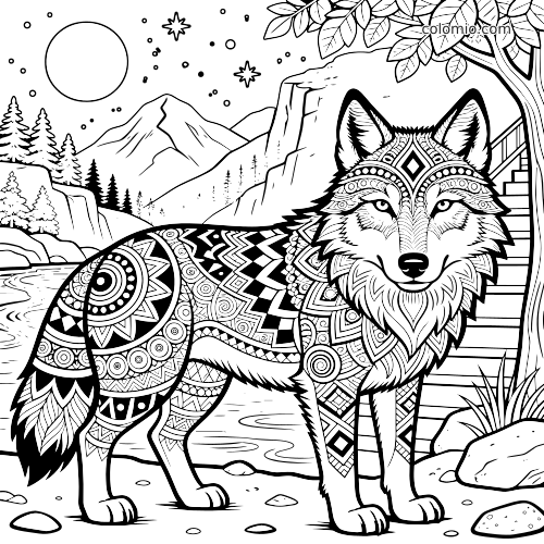 Een gedetailleerde zentangle wolf staat bij een rivier in een berglandschap, met patronen in de vacht, bomen, sterren en een grote maan.