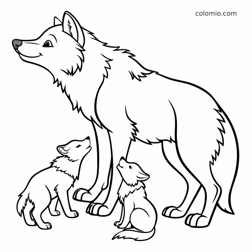 Een moederwolf staat in profiel, terwijl twee kleine welpen onder haar zitten en naar haar opkijken in een eenvoudige zwart-witomtrek.