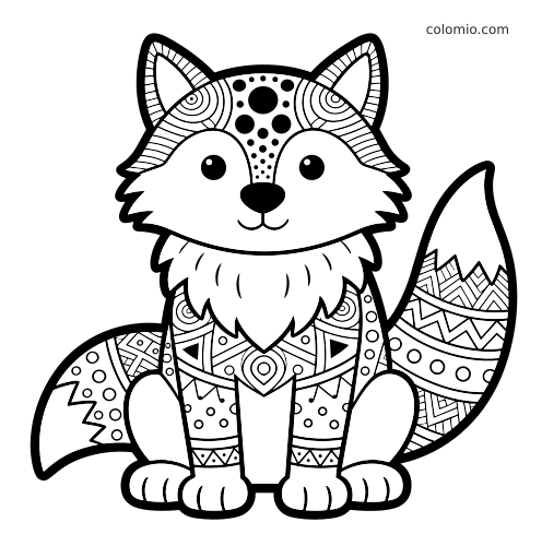 Een zittende wolf met grote ogen en eenvoudige zentanglepatronen op de kop, romp en staart in zwart-wit.