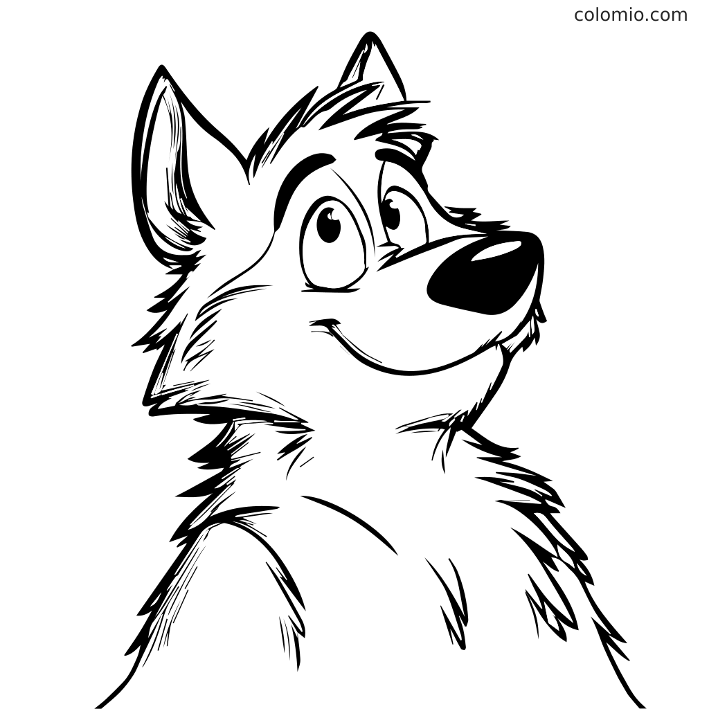 A cheerful cartoon wolf character with a fluffy coat and big eyes, perfect for coloring.