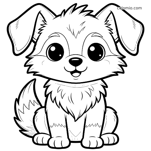 Een pluizige kawaii wolf van voren, met grote ogen, grote oren en gedetailleerde vacht in cartoon-lijntekening.