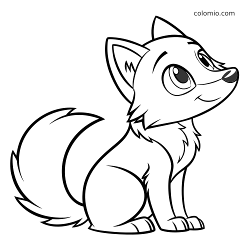 Een kawaii wolf zit van opzij met een pluizige staart, grote ogen en eenvoudige cartoonlijnen.