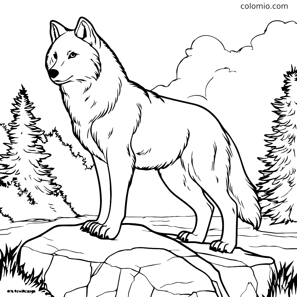 Szczegółowy kontur majestatycznego wilka stojącego na skale, otoczonego drzewami i chmurami, idealny do kolorowania.