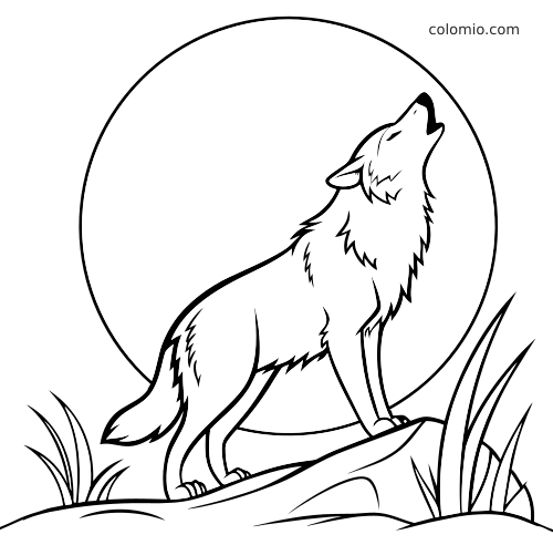 Een eenvoudige lijntekening van een wolf op een rots die huilt naar een grote volle maan, met gras aan beide kanten.