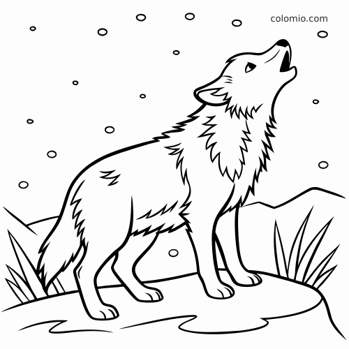 Een zwart-witte kleurplaat van een huilende wolf die in de sneeuw staat, met vallende sneeuwvlokken en eenvoudige heuvels.